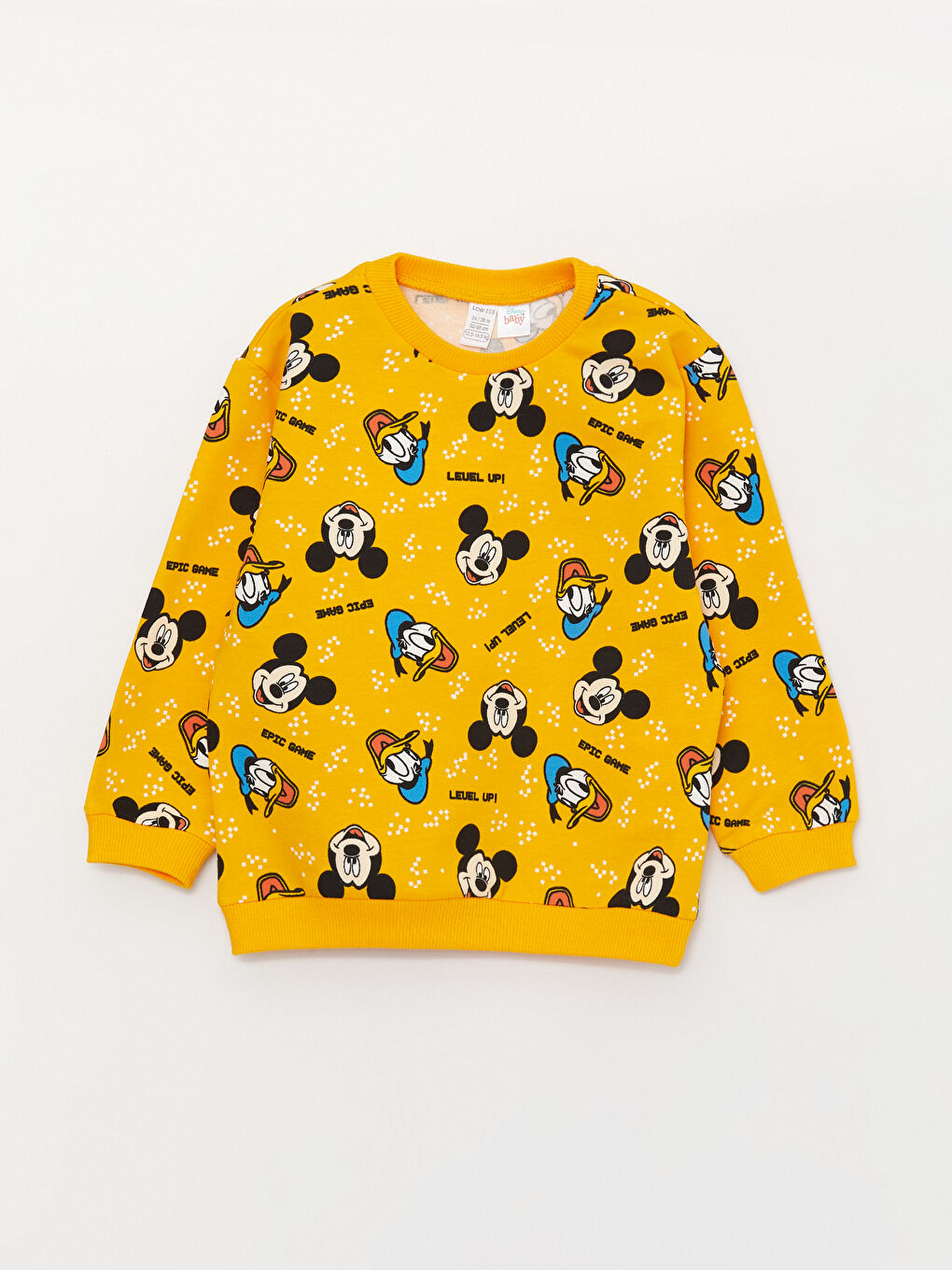Sarı Bisiklet Yaka Uzun Kol Mickey Mouse Baskılı Erkek Bebek Sweatshirt ve Pantolon-1