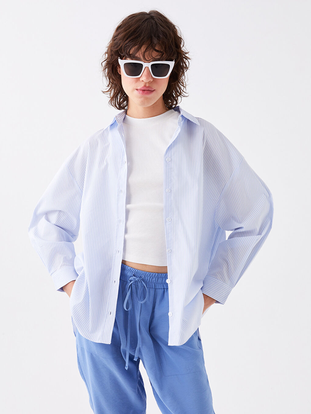 Mavi Çizgili Oversize Poplin Kadın Gömlek