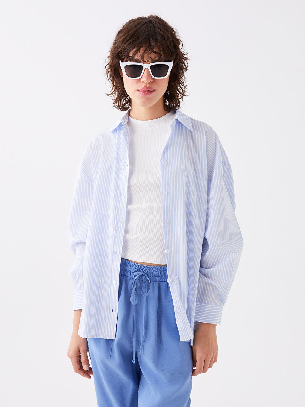 Mavi Çizgili Oversize Poplin Kadın Gömlek-1