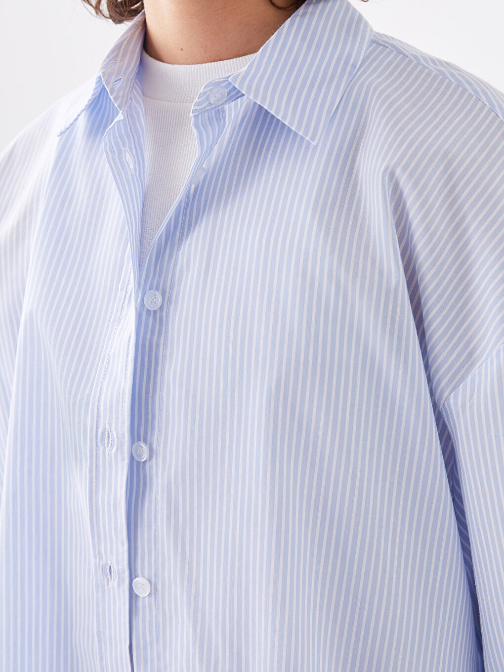 Mavi Çizgili Oversize Poplin Kadın Gömlek-3