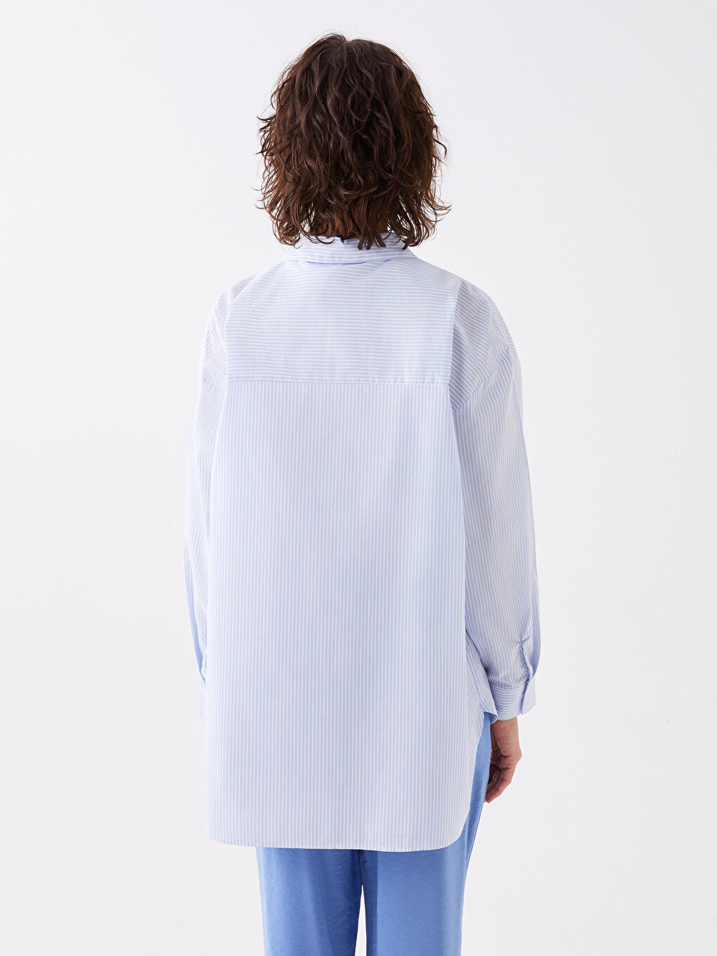 Mavi Çizgili Oversize Poplin Kadın Gömlek-4