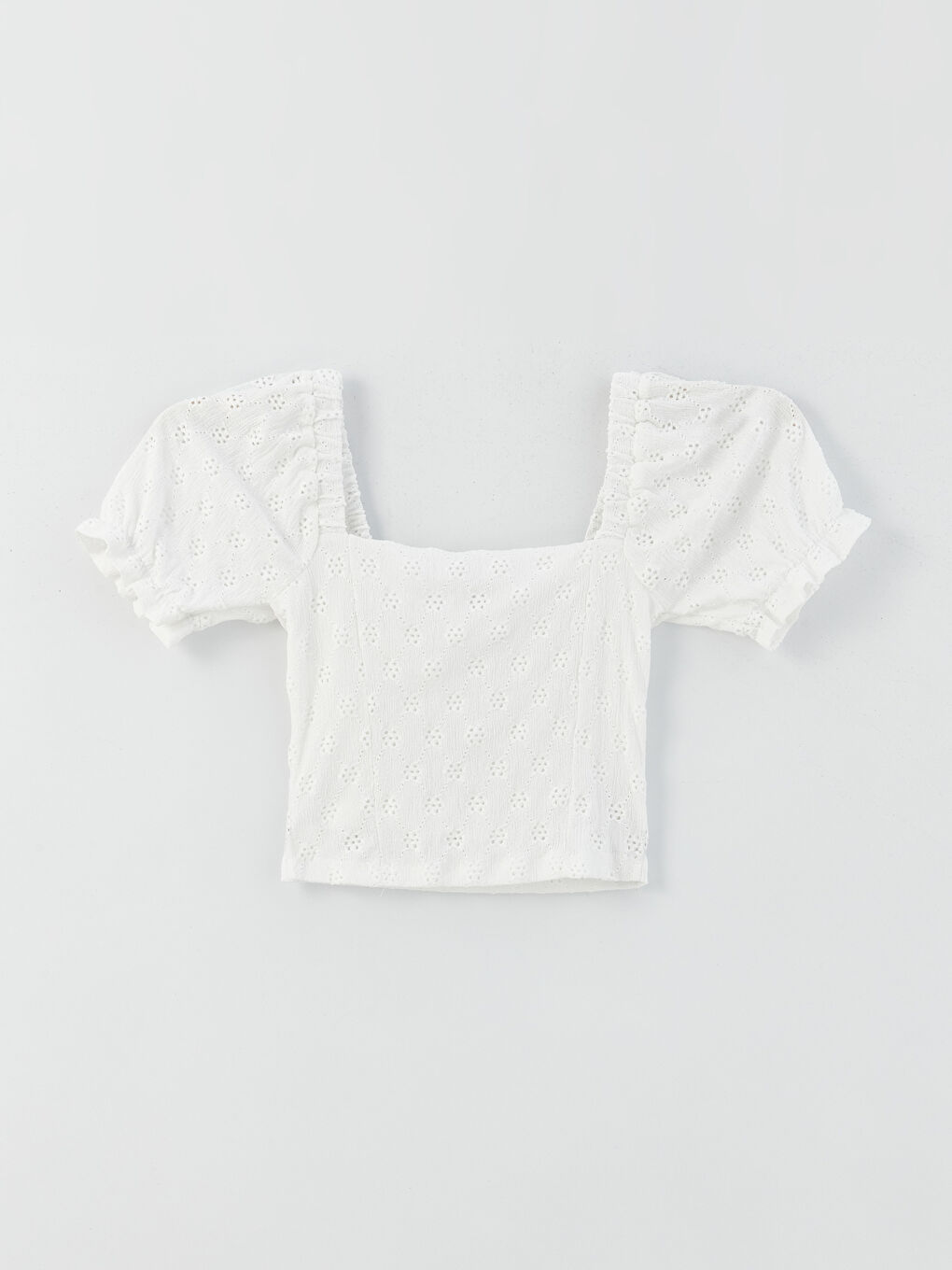 Ekru Kare Yaka Kendinden Desenli Kısa Kollu Crop Brode Kadın Bluz-5