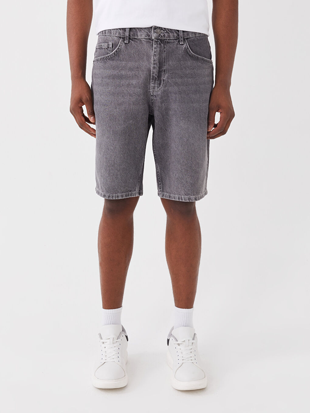 Gri Standart Kalıp Erkek Jean Şort-2
