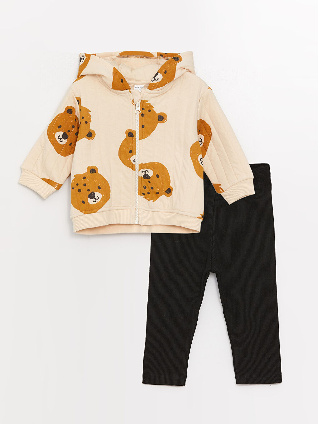 سويت شيرت بكابوش وكم طويل مطبوع بسوستة وبنطلون أولاد رضع - طقم 2 قطع