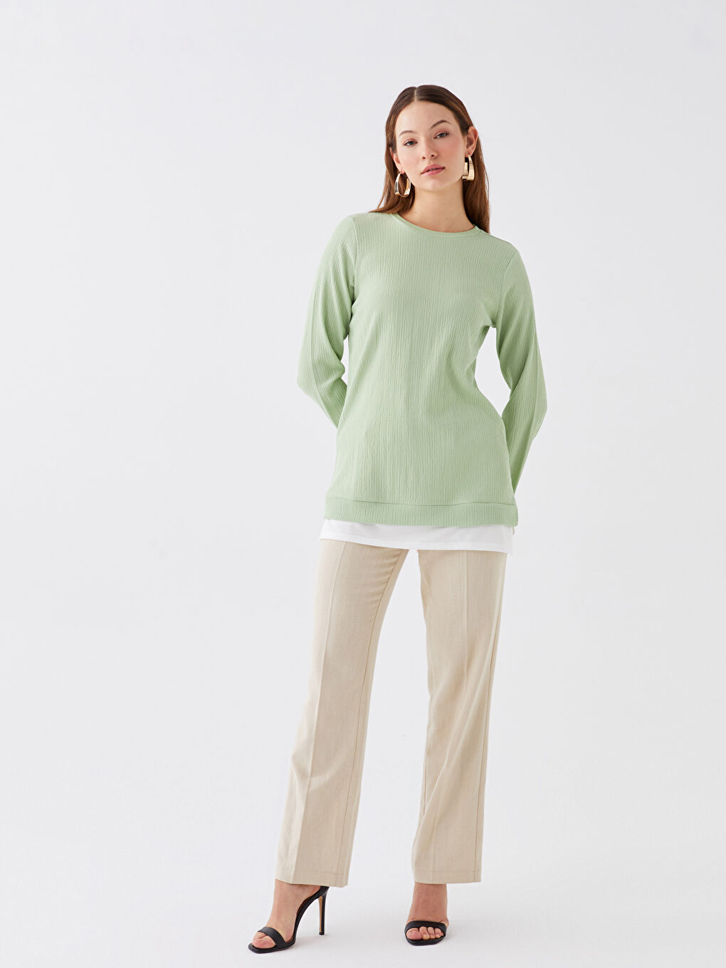 Crew Neck Plain Long Sleeve Women's Tunic-1