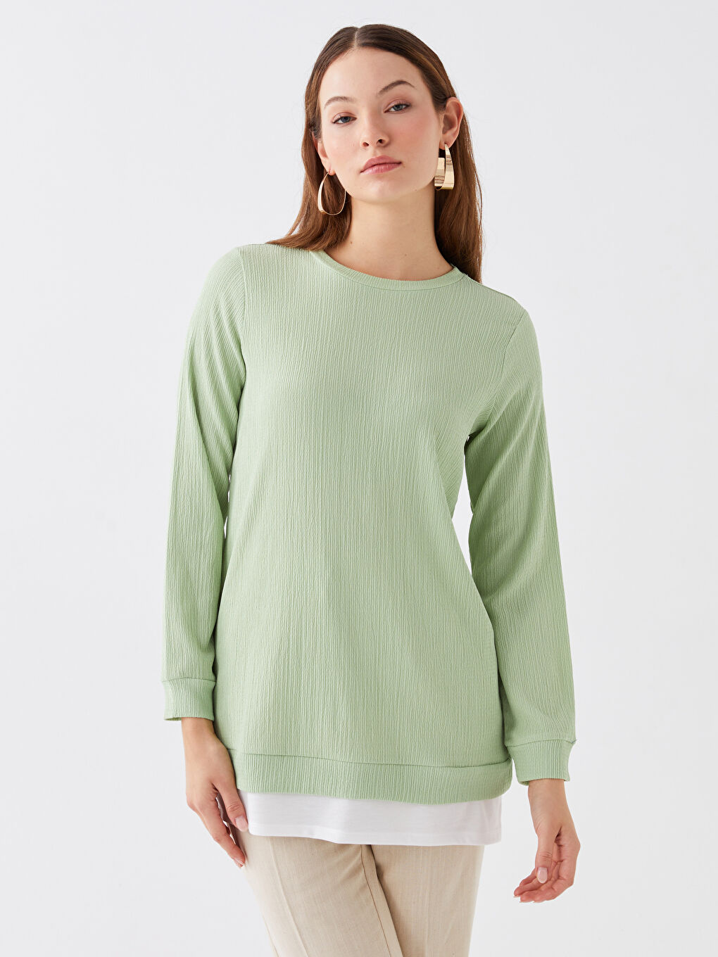 Crew Neck Plain Long Sleeve Women's Tunic-2
