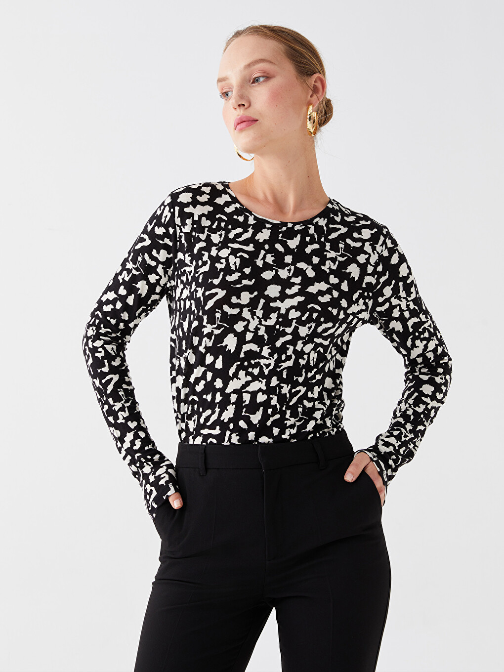 T-shirt À Manches Longues À Motifs Avec Col Rond Pour Femmes