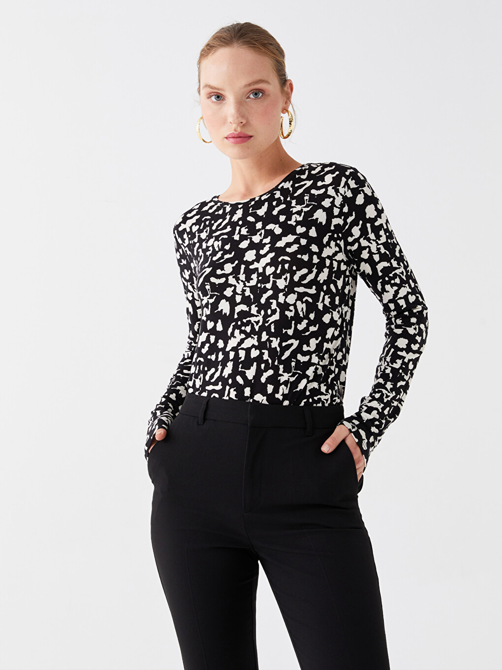 T-shirt À Manches Longues À Motifs Avec Col Rond Pour Femmes-1