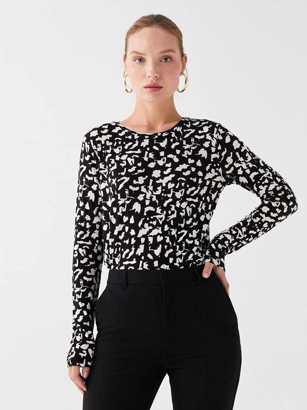 T-shirt À Manches Longues À Motifs Avec Col Rond Pour Femmes-2