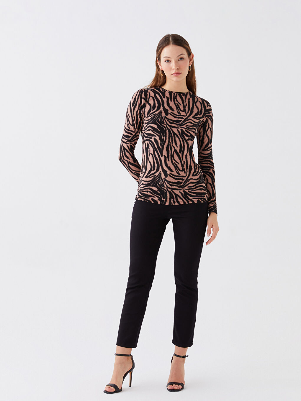 Crew Neck Patterned Long Sleeve Women's T-Shirt-1