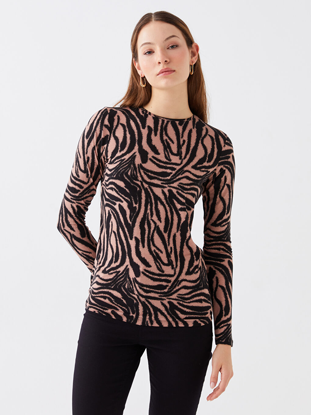 Crew Neck Patterned Long Sleeve Women's T-Shirt-2