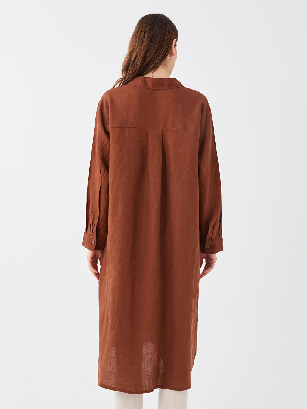 Kahverengi Oversize %100 Keten Kadın Gömlek Tunik-4