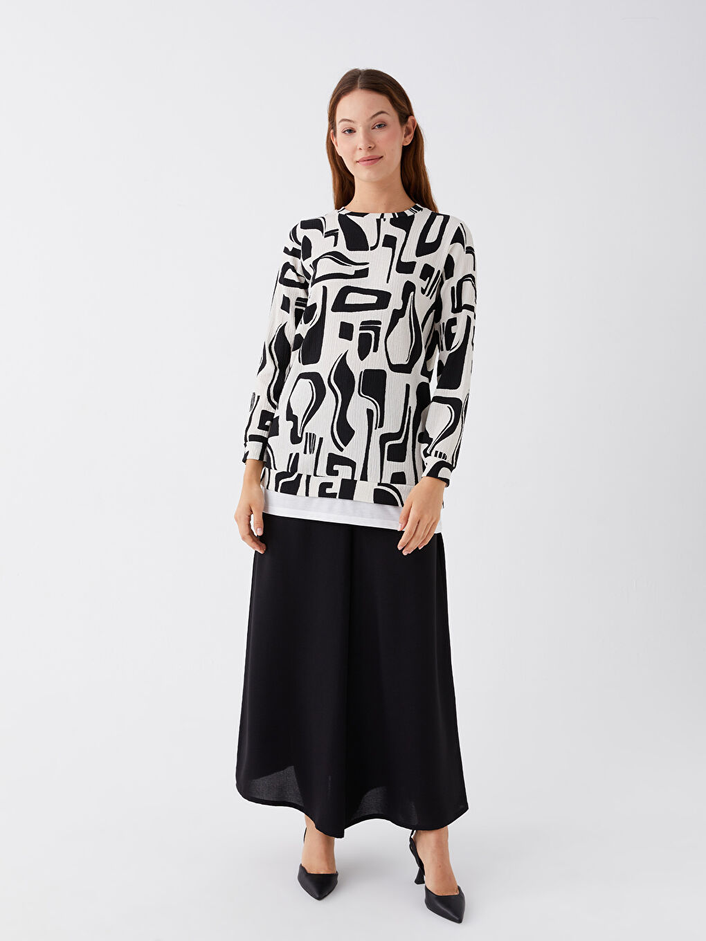 Ekru Bisiklet Yaka Desenli Uzun Kollu Kadın Tunik-2