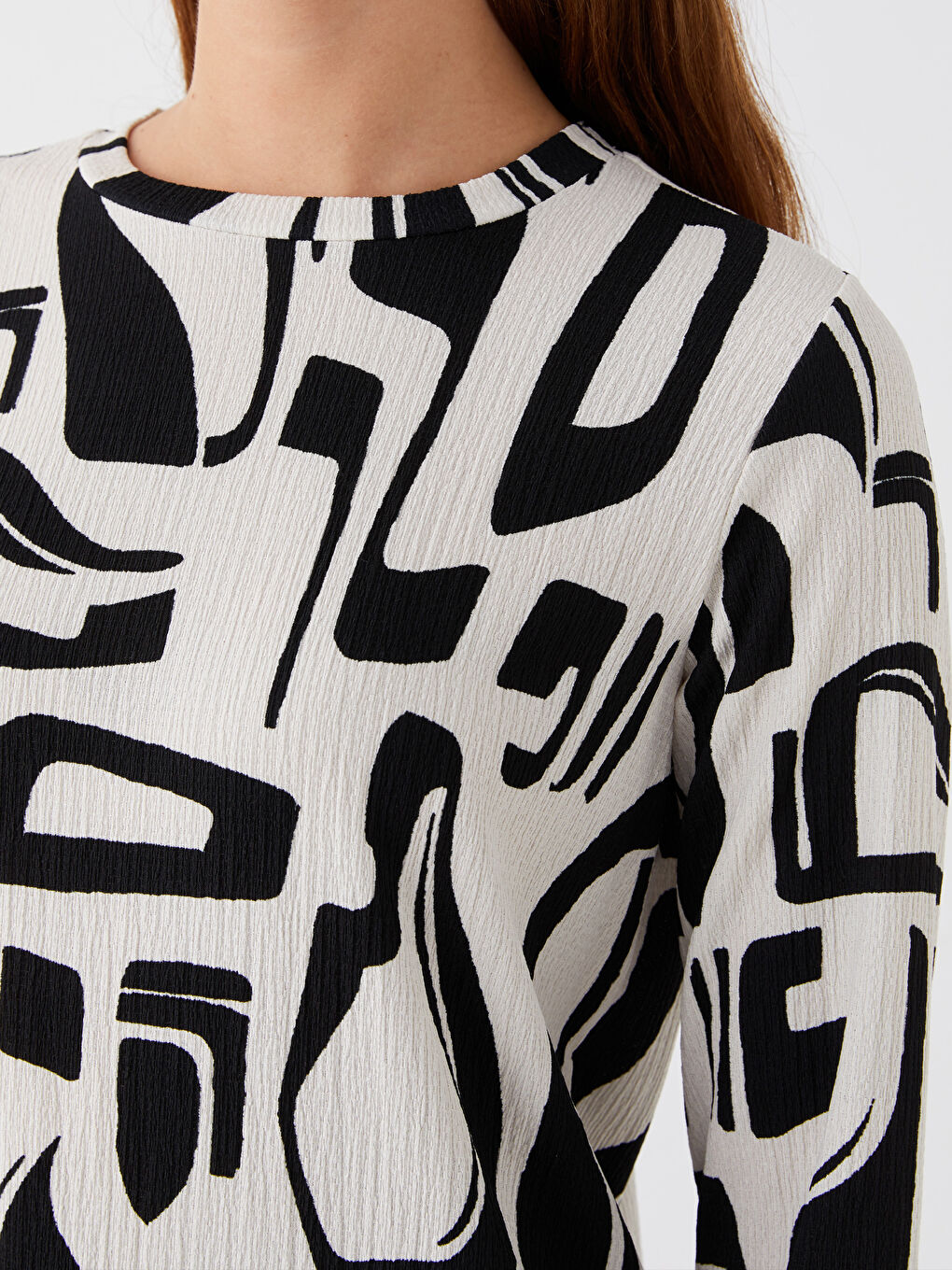 Ekru Bisiklet Yaka Desenli Uzun Kollu Kadın Tunik-3