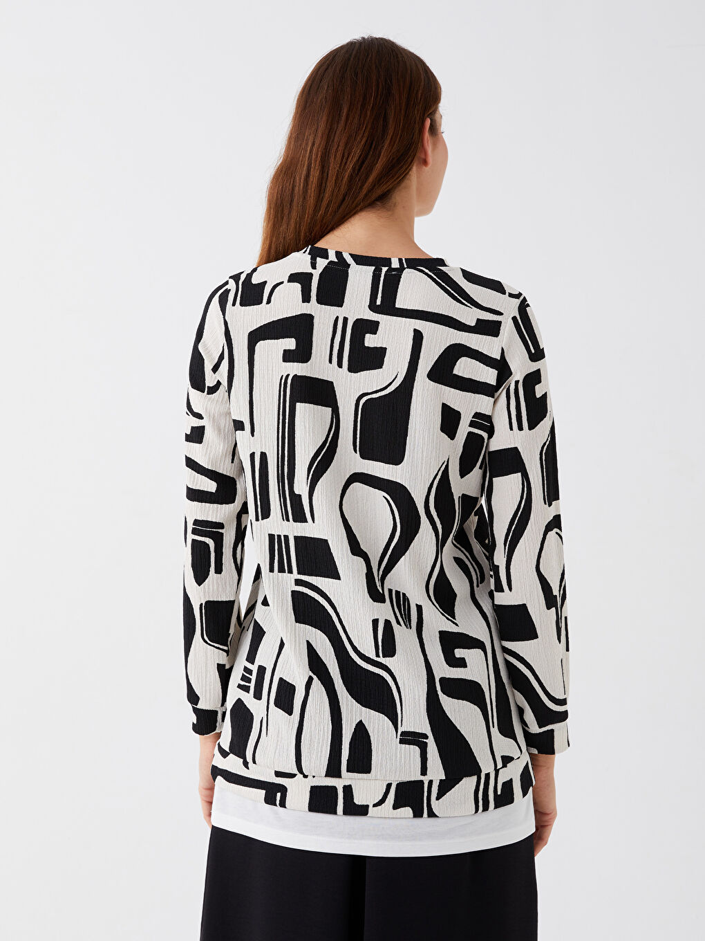 Ekru Bisiklet Yaka Desenli Uzun Kollu Kadın Tunik-4