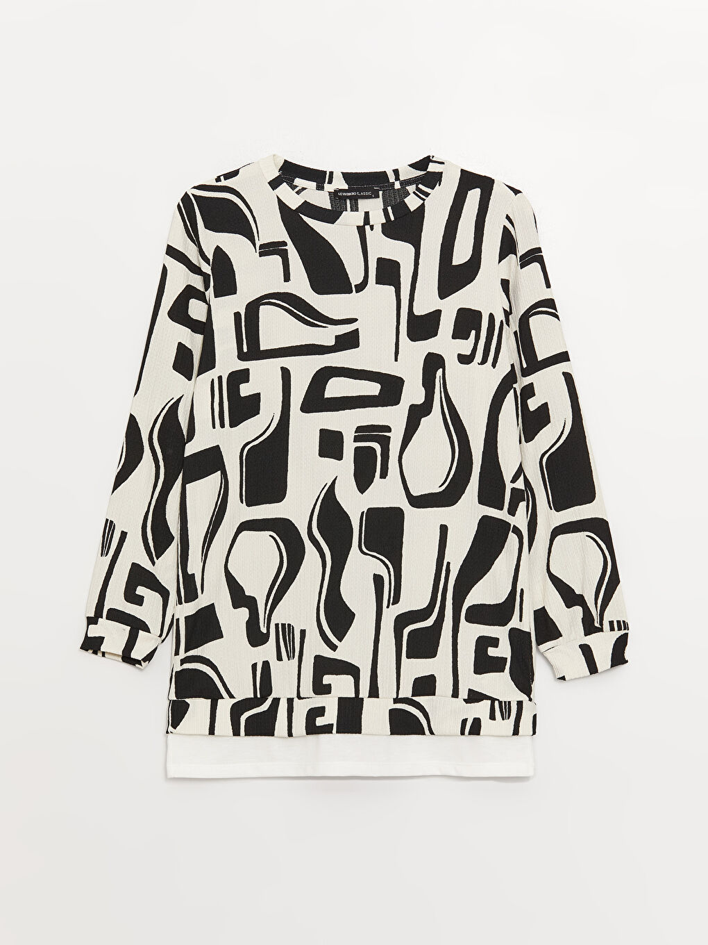 Ekru Bisiklet Yaka Desenli Uzun Kollu Kadın Tunik-5