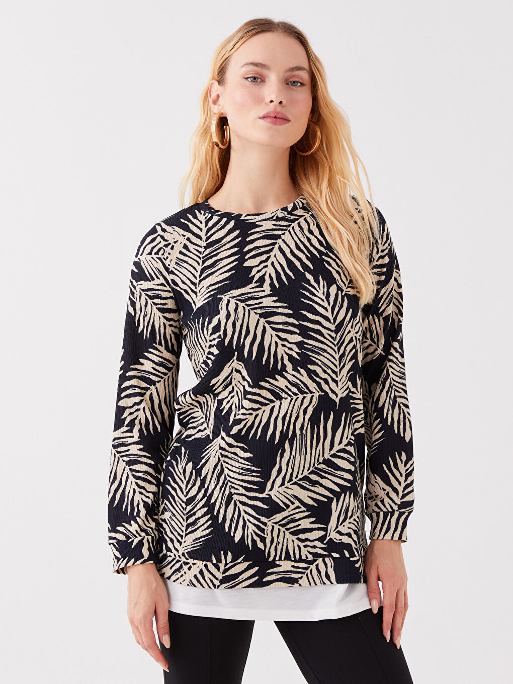 Lacivert Bisiklet Yaka Desenli Uzun Kollu Kadın Tunik