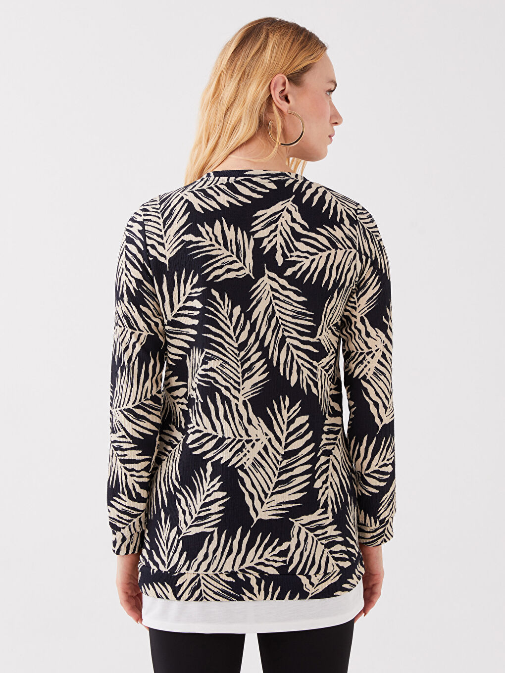 Lacivert Bisiklet Yaka Desenli Uzun Kollu Kadın Tunik-4