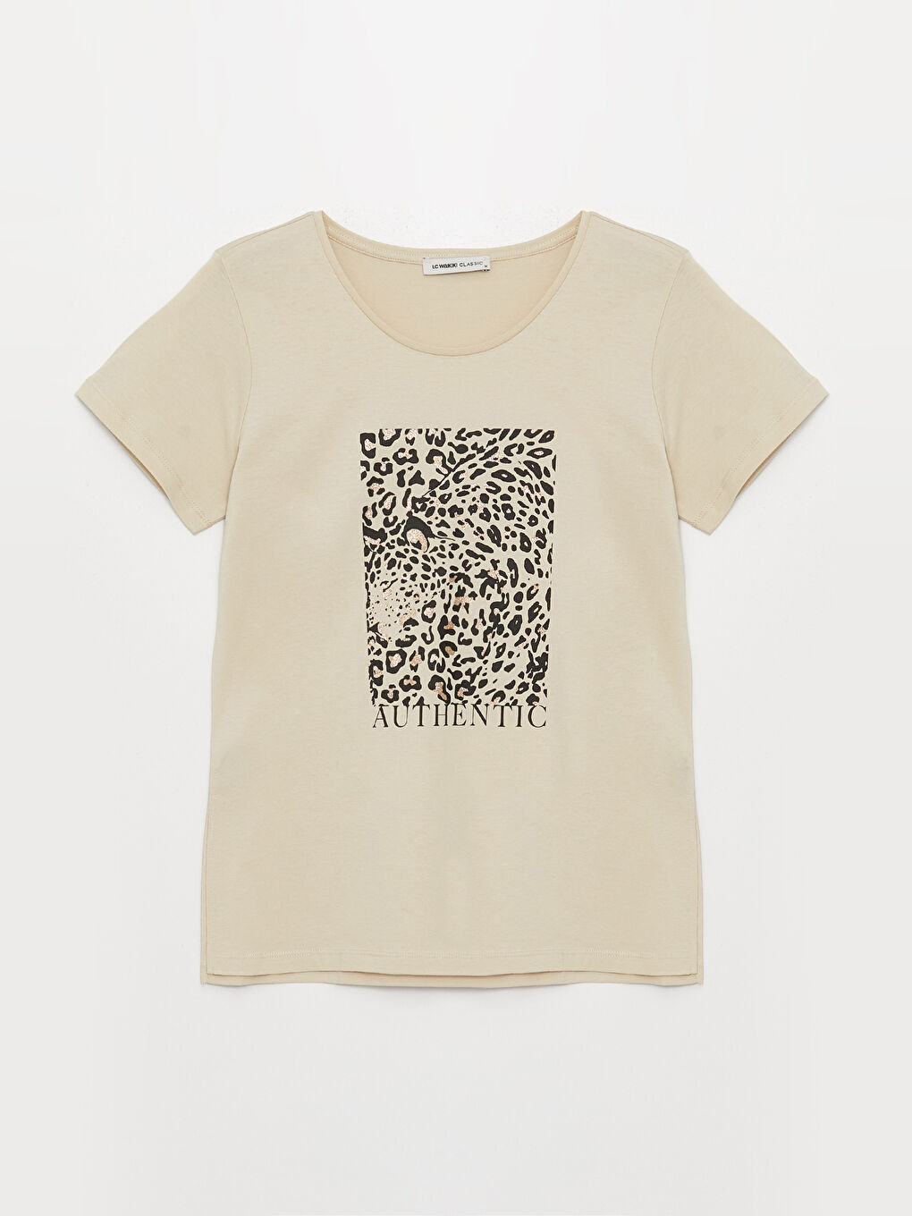 Bej Bisiklet Yaka Baskılı Kısa Kollu Kadın Tişört-4