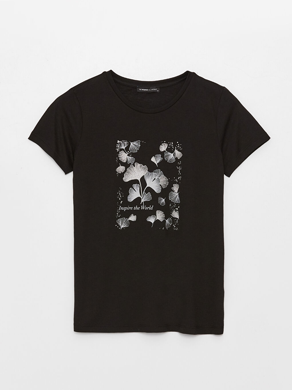 Siyah Bisiklet Yaka Baskılı Kısa Kollu Kadın Tişört-5