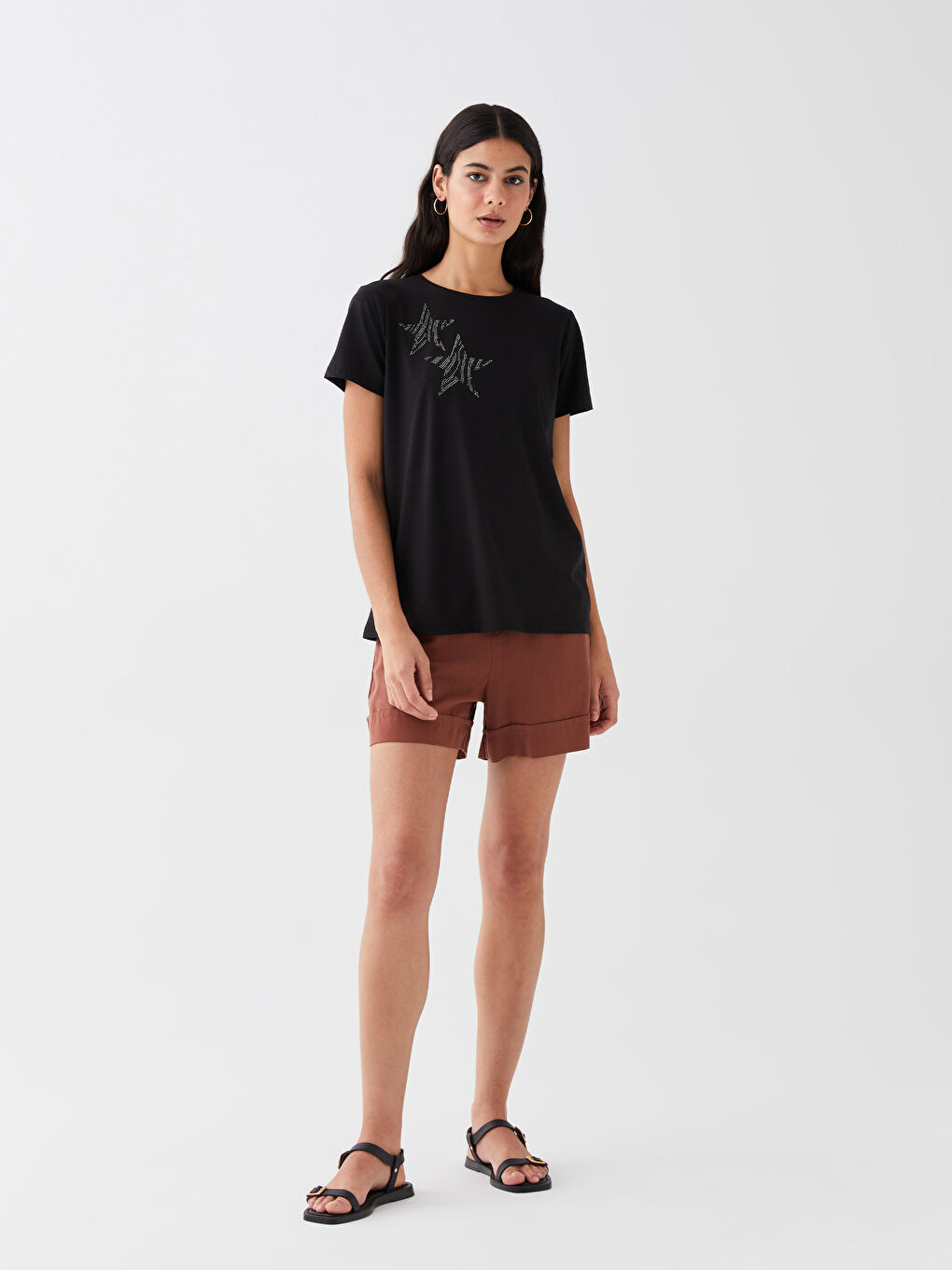 Siyah Bisiklet Yaka Taşlı Kısa Kollu Kadın Tişört-2