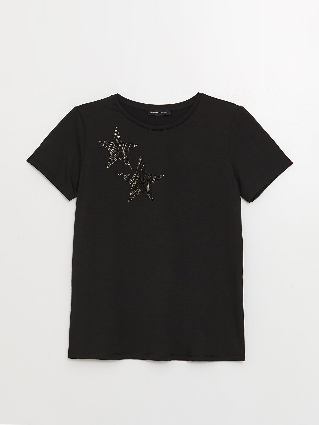 Siyah Bisiklet Yaka Taşlı Kısa Kollu Kadın Tişört-5