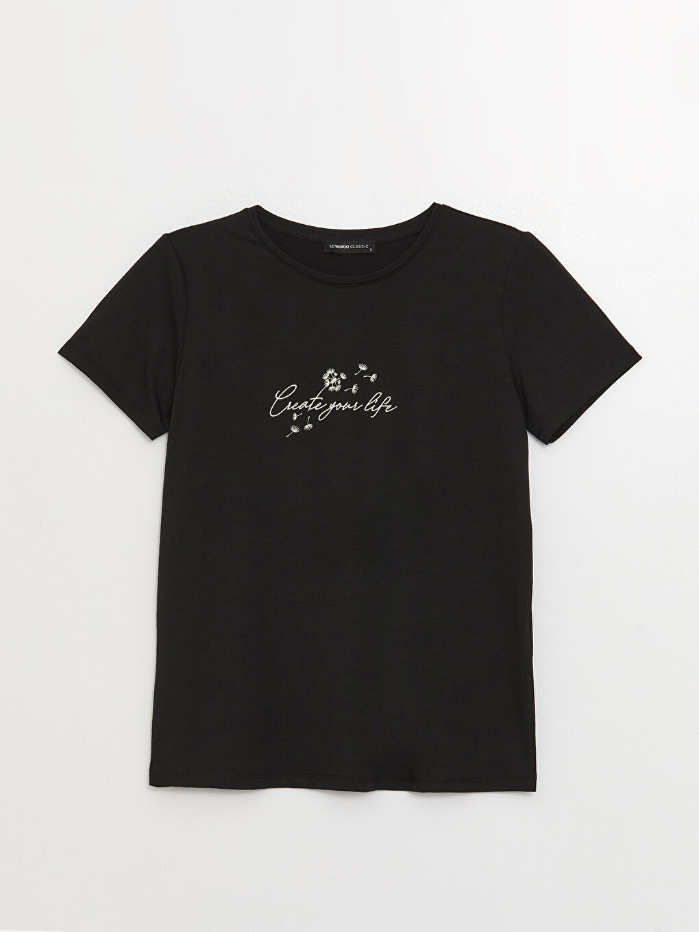 Siyah Bisiklet Yaka Baskılı Kısa Kollu Kadın Tişört-5