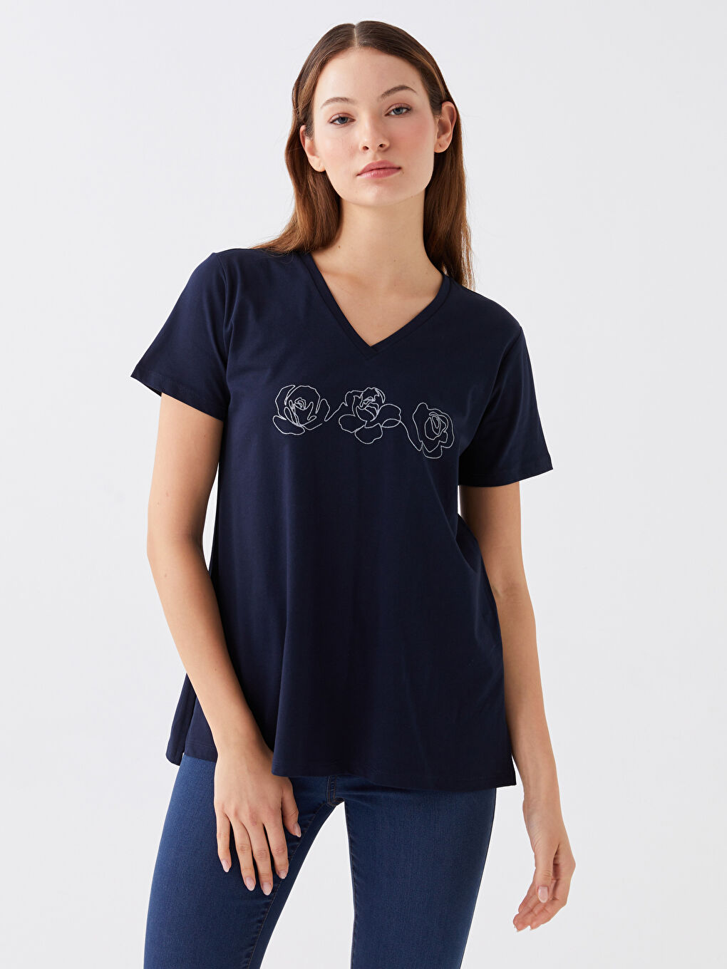 LCWAIKIKI Classic Bisiklet Yaka Baskılı Kısa Kollu Kadın Tişört