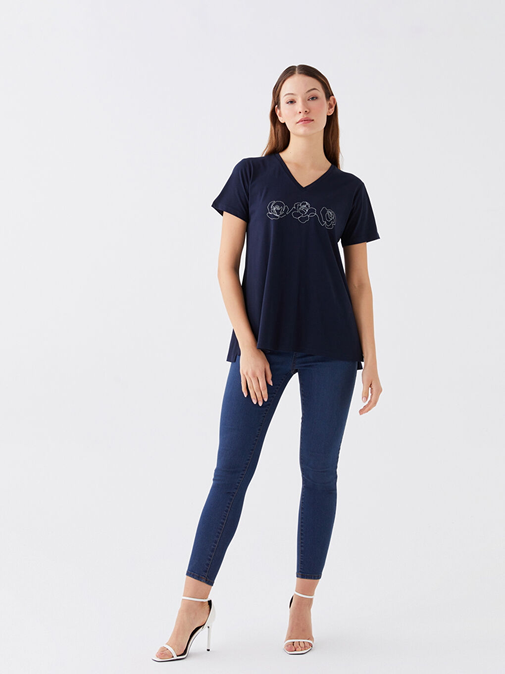 Lacivert Bisiklet Yaka Baskılı Kısa Kollu Kadın Tişört-1