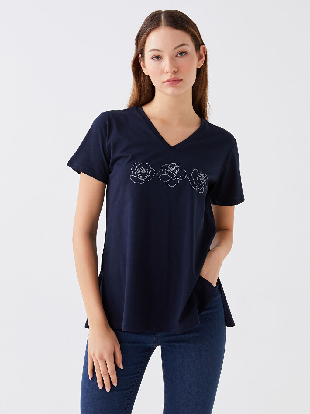 Lacivert Bisiklet Yaka Baskılı Kısa Kollu Kadın Tişört-2