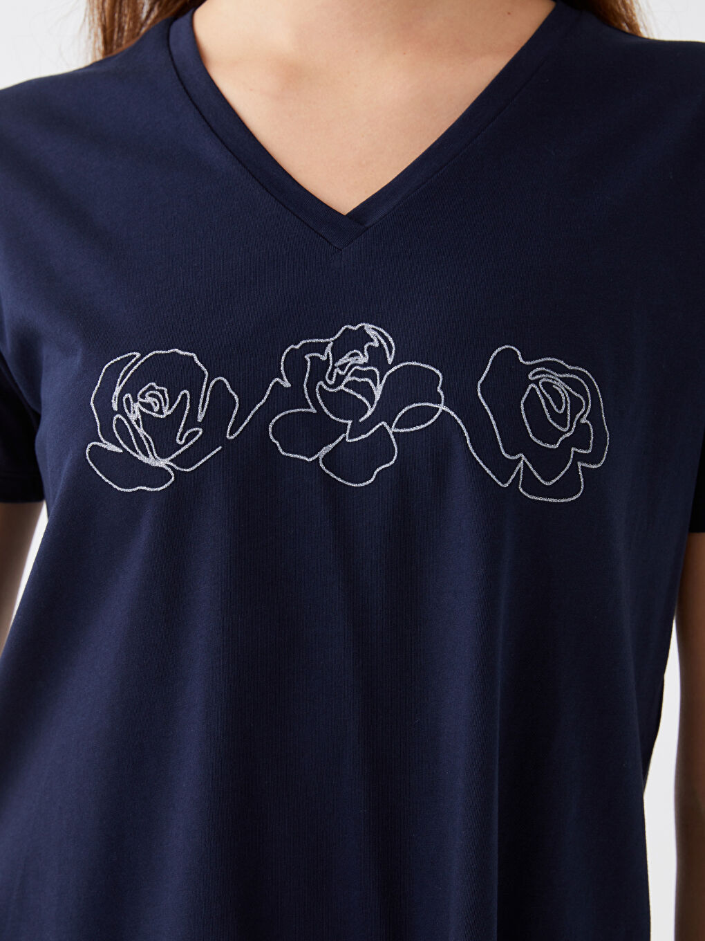 Lacivert Bisiklet Yaka Baskılı Kısa Kollu Kadın Tişört-3