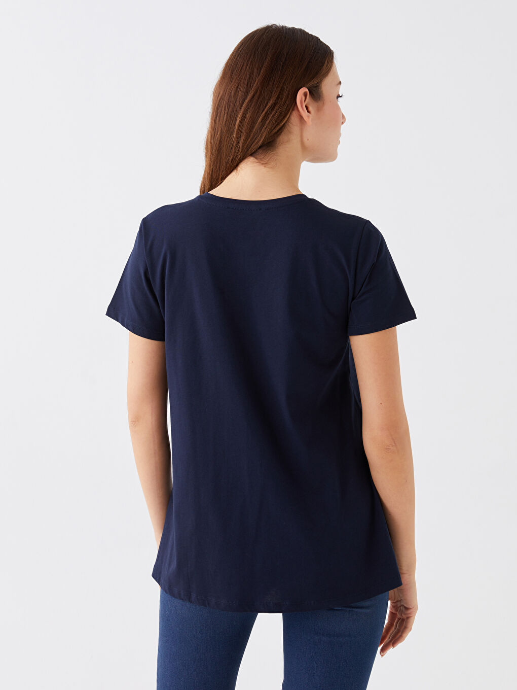 Lacivert Bisiklet Yaka Baskılı Kısa Kollu Kadın Tişört-4