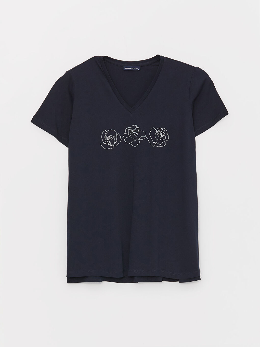 Lacivert Bisiklet Yaka Baskılı Kısa Kollu Kadın Tişört-5