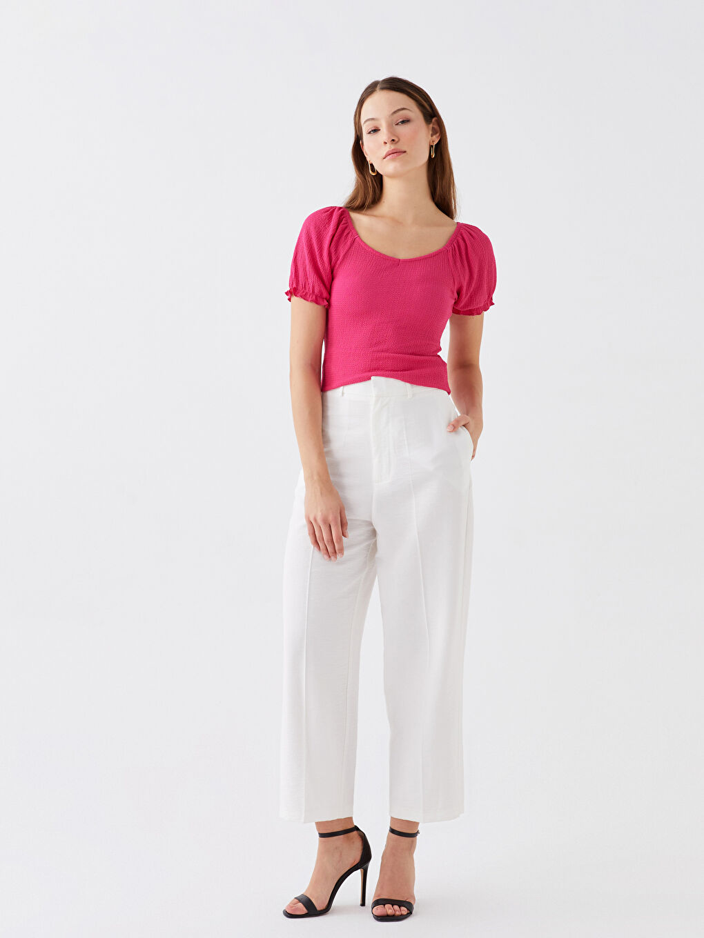 Fuşya Kayık Yaka Düz Kısa Kollu Kadın Tişört-1