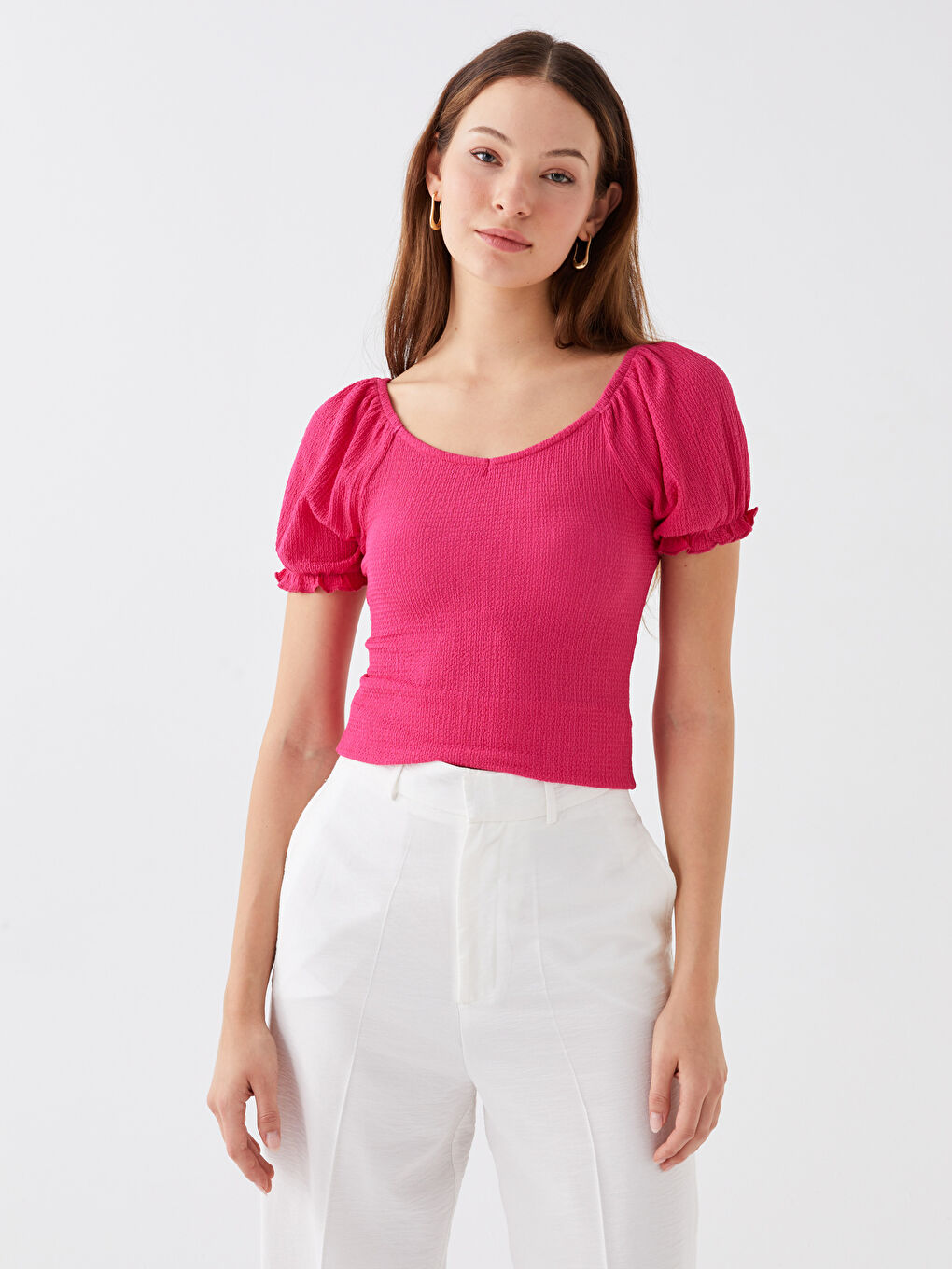 Fuşya Kayık Yaka Düz Kısa Kollu Kadın Tişört-3