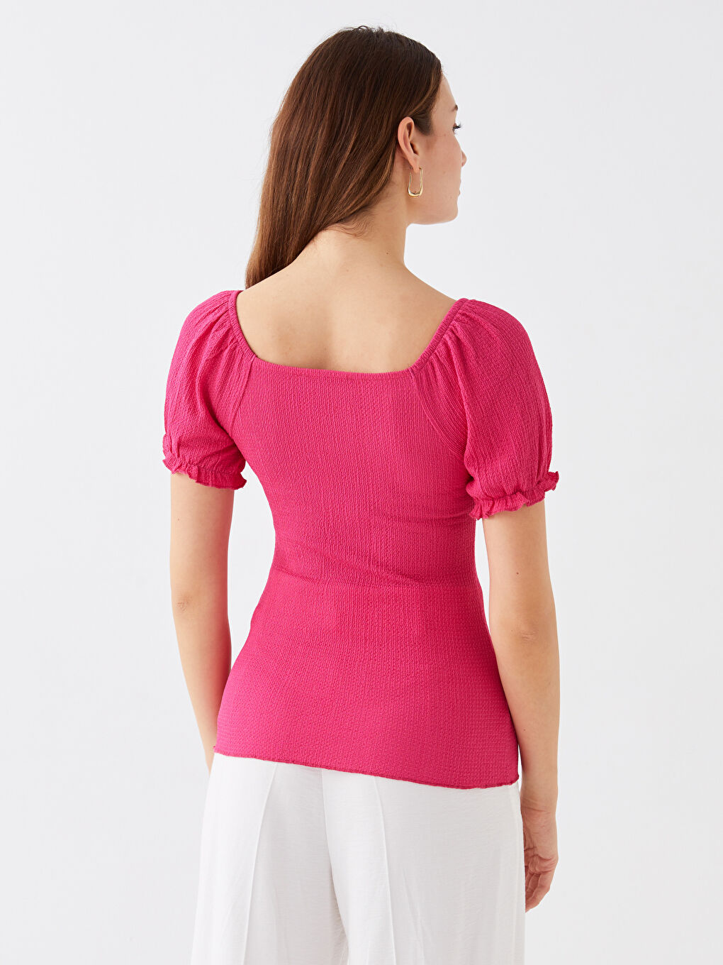 Fuşya Kayık Yaka Düz Kısa Kollu Kadın Tişört-5