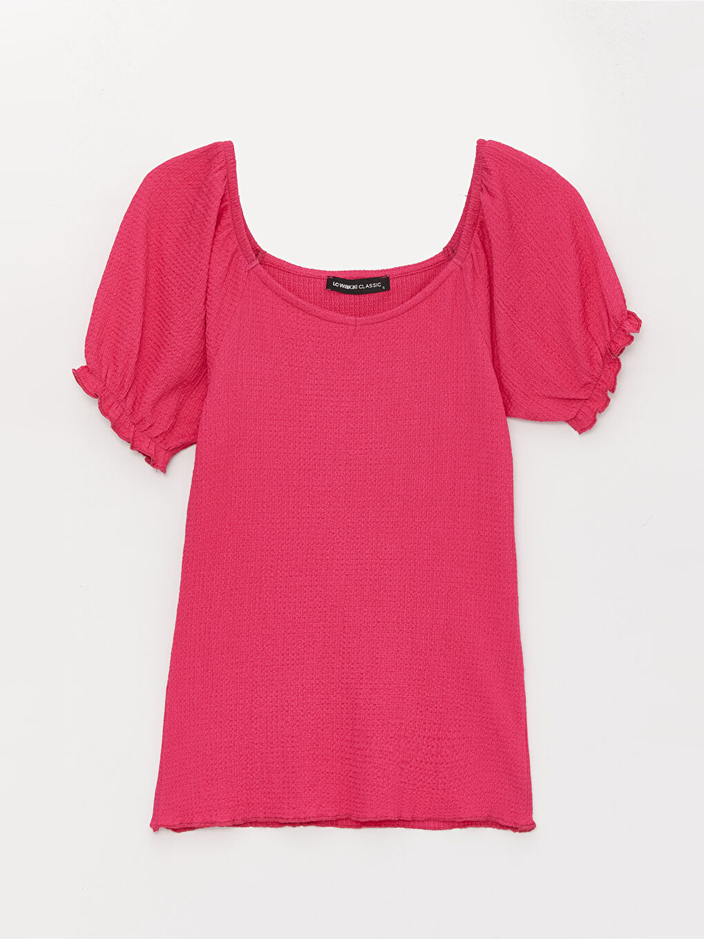 Fuşya Kayık Yaka Düz Kısa Kollu Kadın Tişört-6