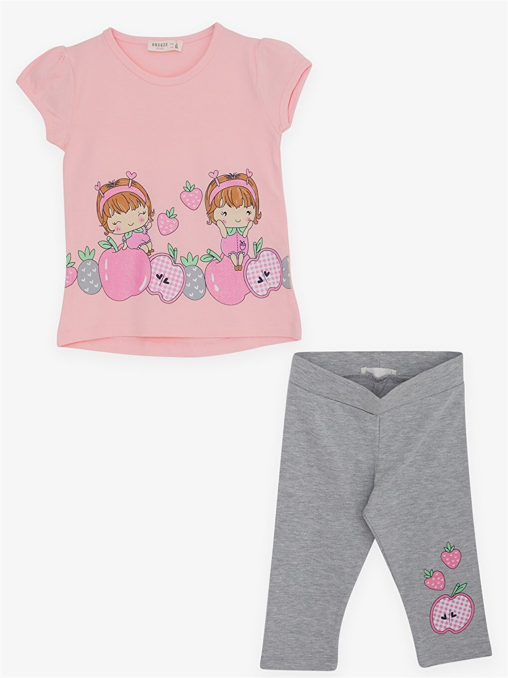 Pembe Bisiklet Yaka Kısa Kollu Baskılı Kız Bebek Tişört ve Tayt 2'li Takım