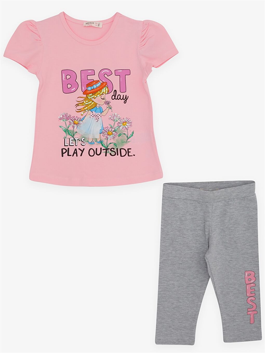 Pembe Bisiklet Yaka Baskılı Kız Bebek Tişört ve Tayt 2'li Takım