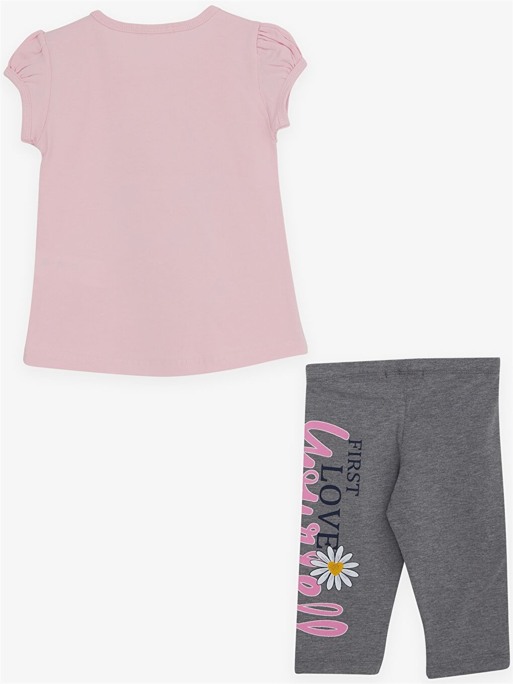 Pembe Bisiklet Yaka Kısa Kollu Baskılı Kız Bebek Tişört ve Tayt 2'li-1