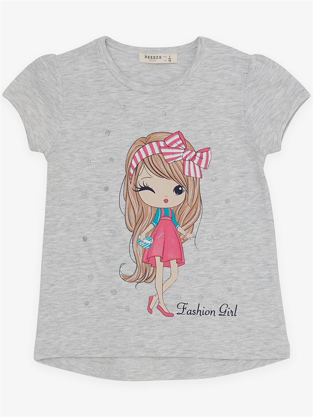 Gri Bisiklet Yaka Baskılı Kısa Kollu Kız Çocuk Tişört ve Tayt-2