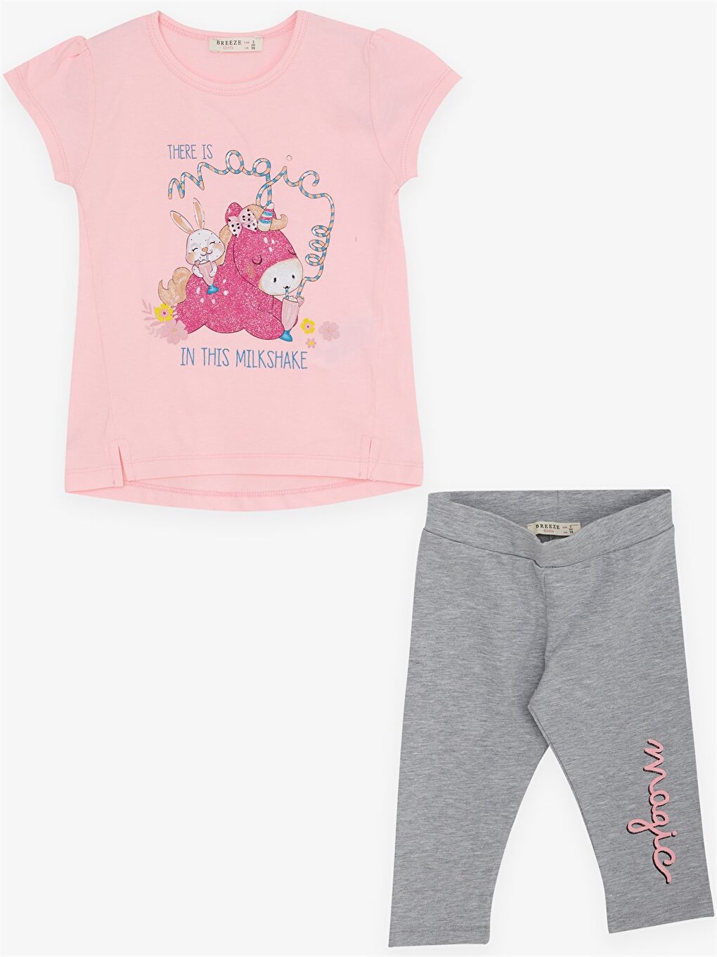 Pembe Bisiklet Yaka Kısa Kollu Kız Bebek Tişört ve Tayt 2'li Takım