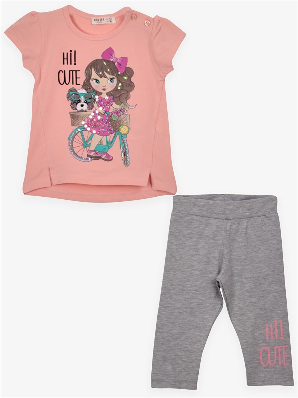 Turuncu Bisiklet Yaka Kısa Kollu Kız Bebek Tişört ve Tayt 2'li Takım
