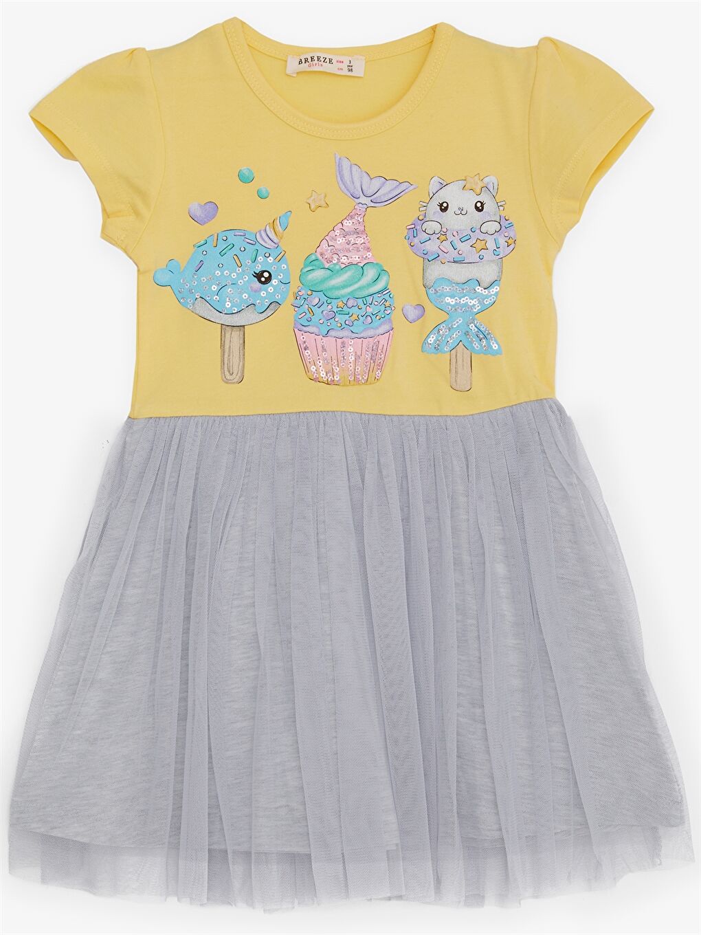 Sarı Bisiklet Yaka Baskılı Kısa Kollu Kız Çocuk Elbise