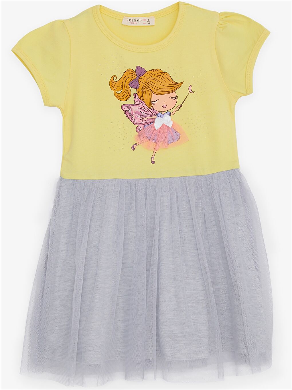 Sarı Bisiklet Yaka Kısa Kollu Baskılı Kız Bebek Elbise