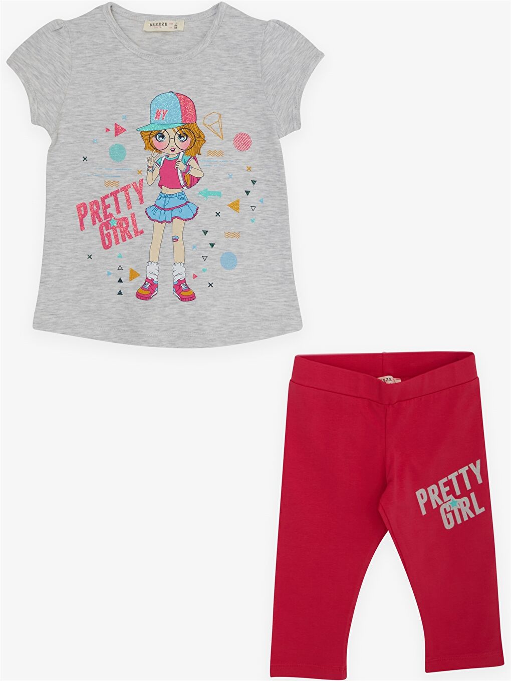 Gri Bisiklet Yaka Baskılı Kısa Kollu Kız Çocuk Tişört ve Tayt