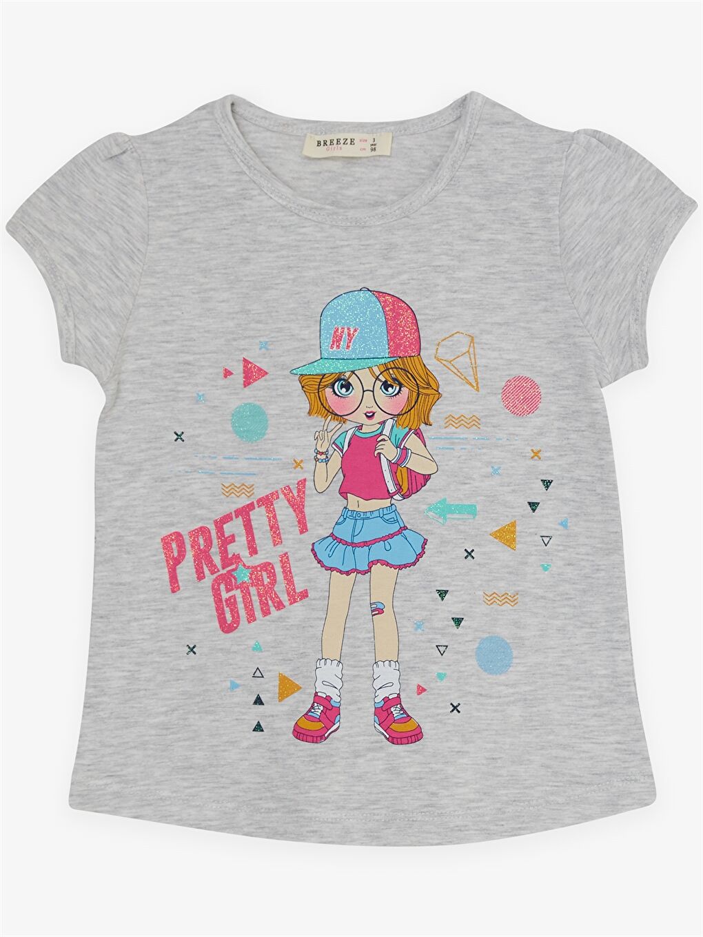 Gri Bisiklet Yaka Baskılı Kısa Kollu Kız Çocuk Tişört ve Tayt-2