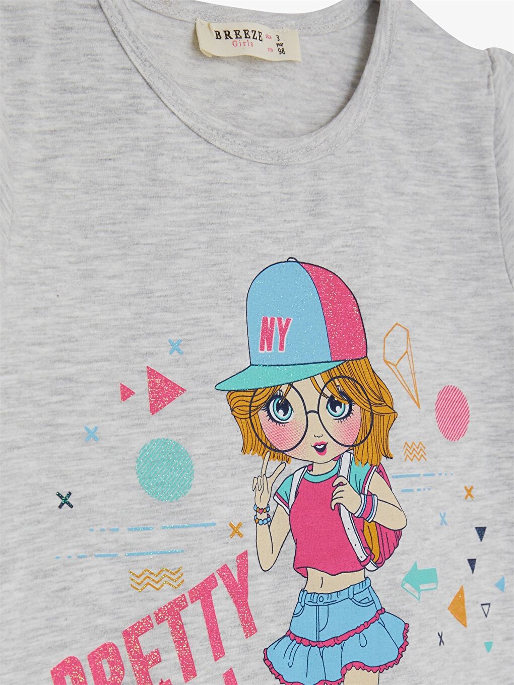 Gri Bisiklet Yaka Baskılı Kısa Kollu Kız Çocuk Tişört ve Tayt-4