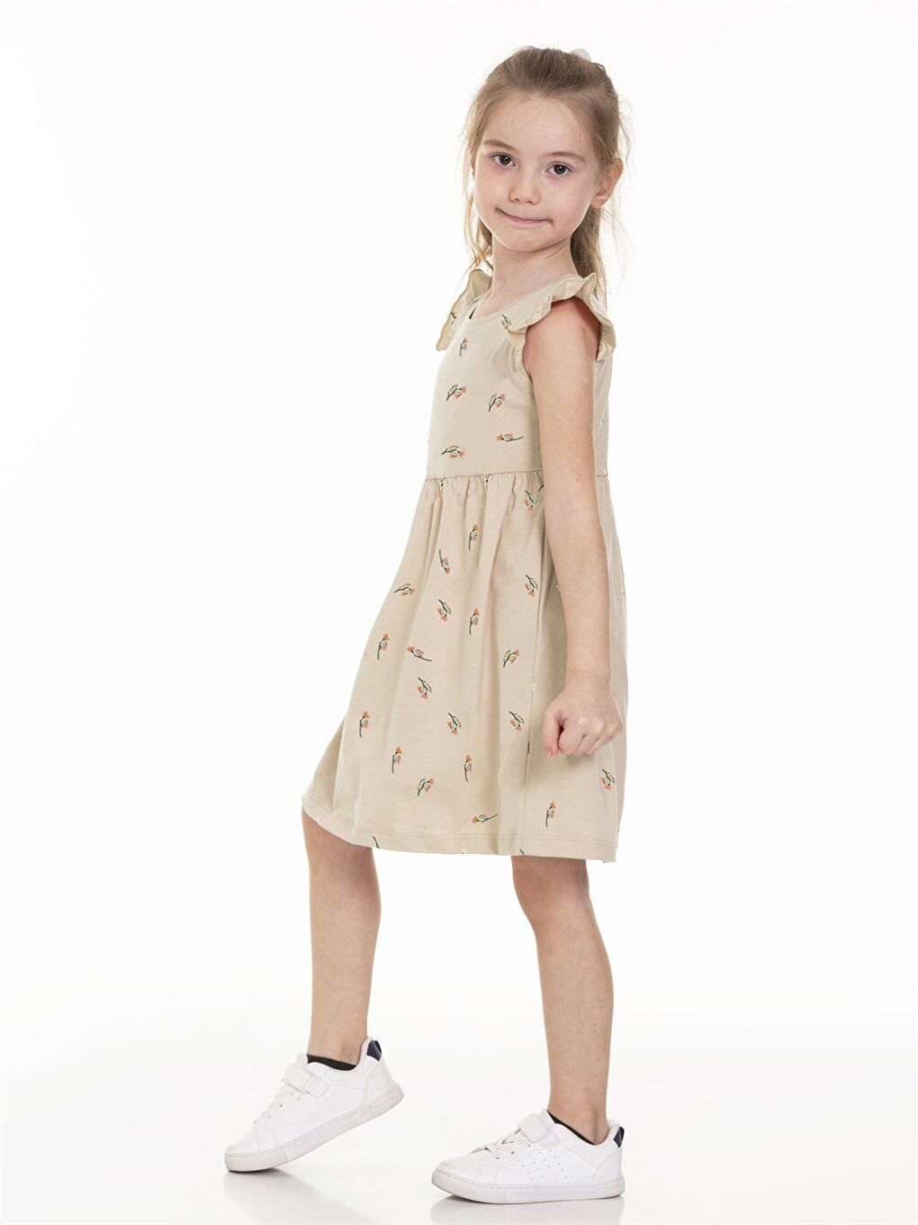 Ekru Bisiklet Yaka Kısa Kollu Kız Bebek Elbise-1