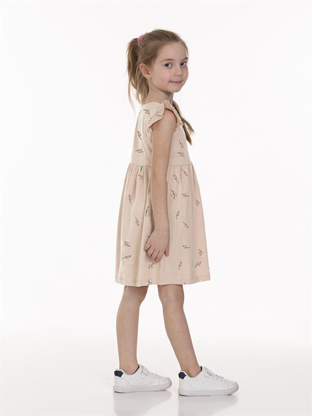 Ekru Bisiklet Yaka Kısa Kollu Kız Bebek Elbise-2